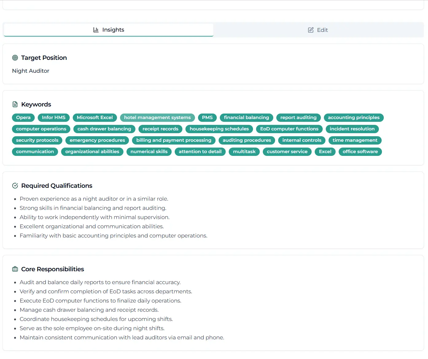 Access detailed analysis of each job: keywords, qualifications, and key responsibilities.