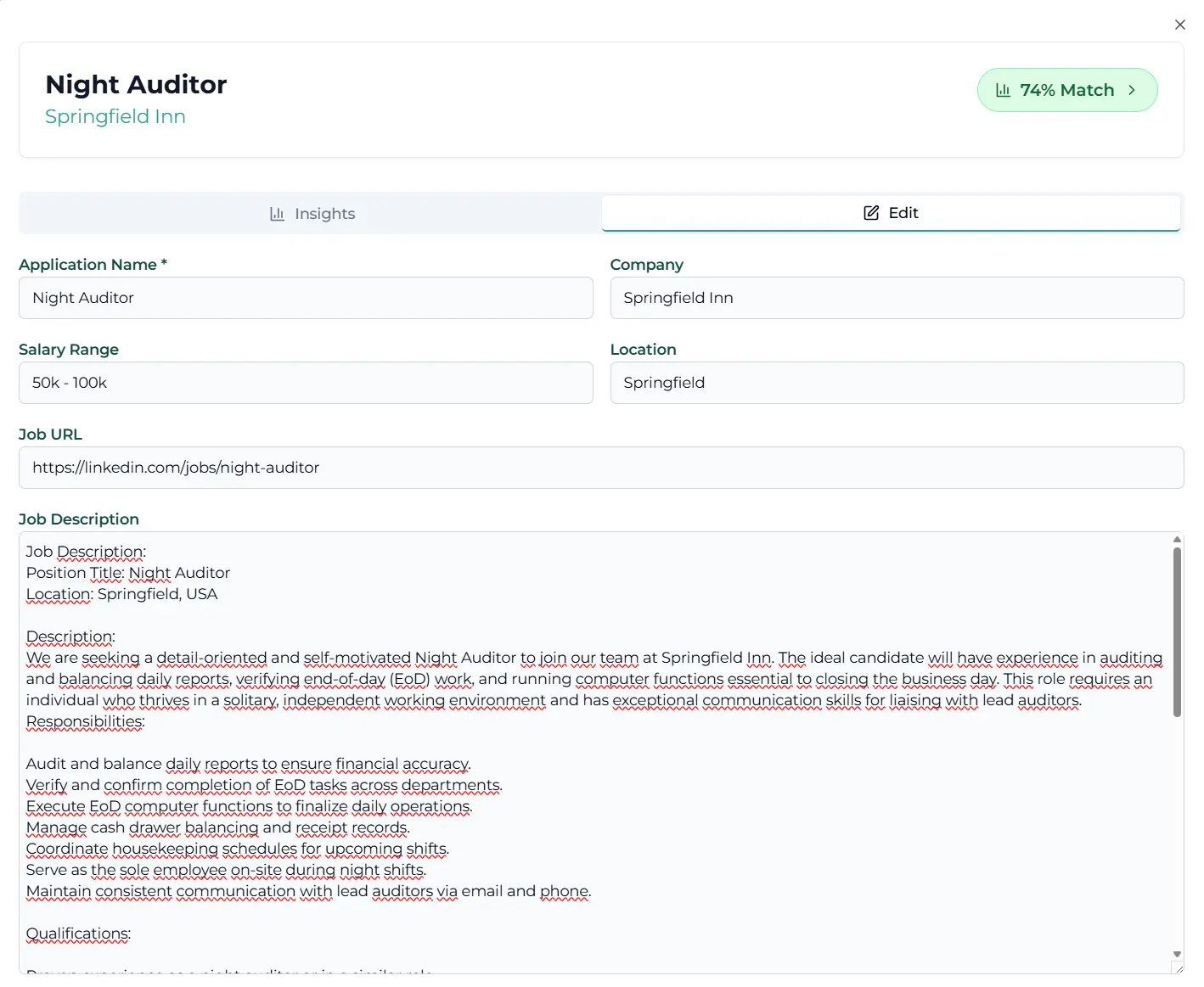 Application detail modal with resume and cover letter access