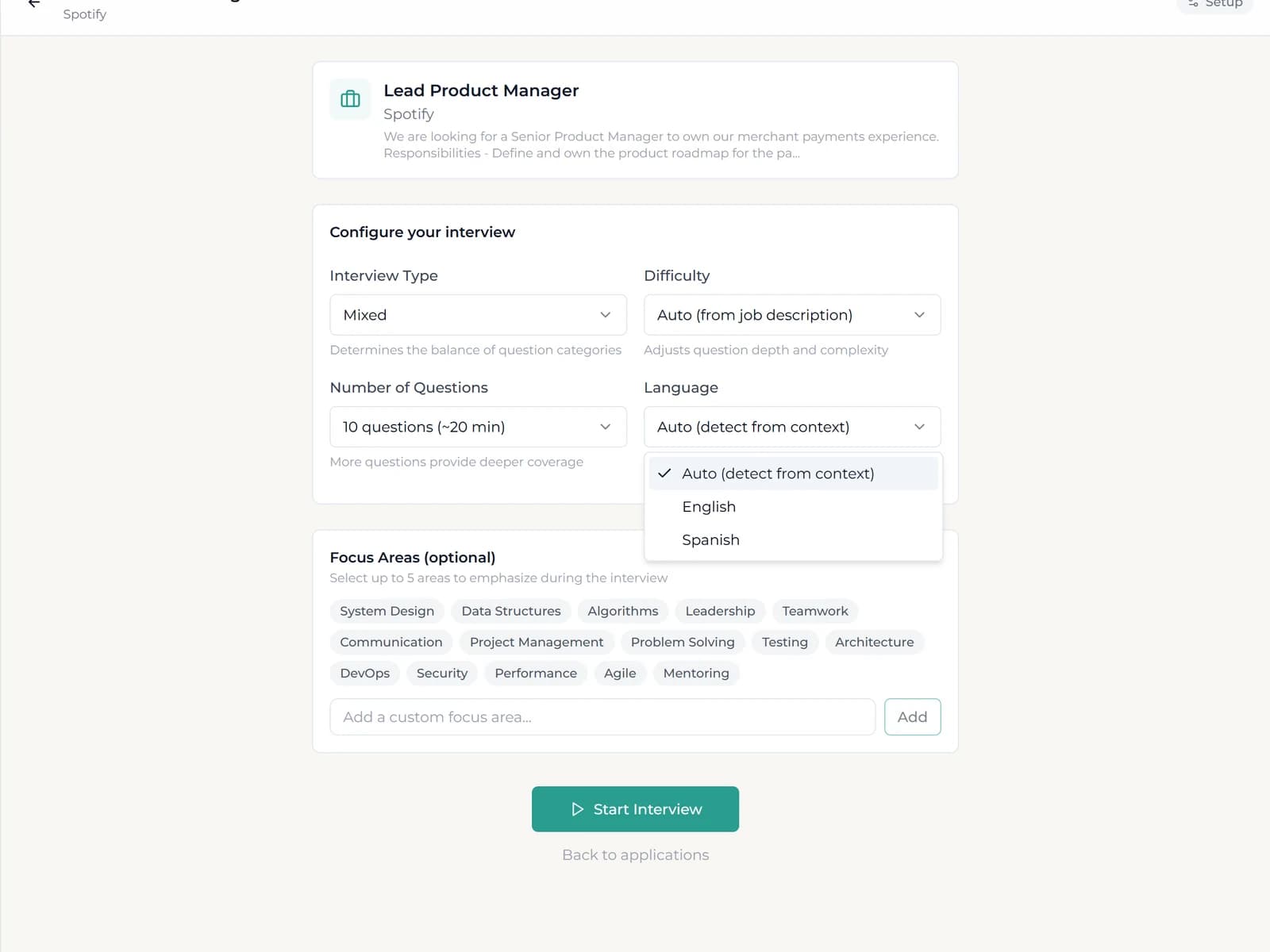 Interview setup with interview type, difficulty, number of questions and language options
