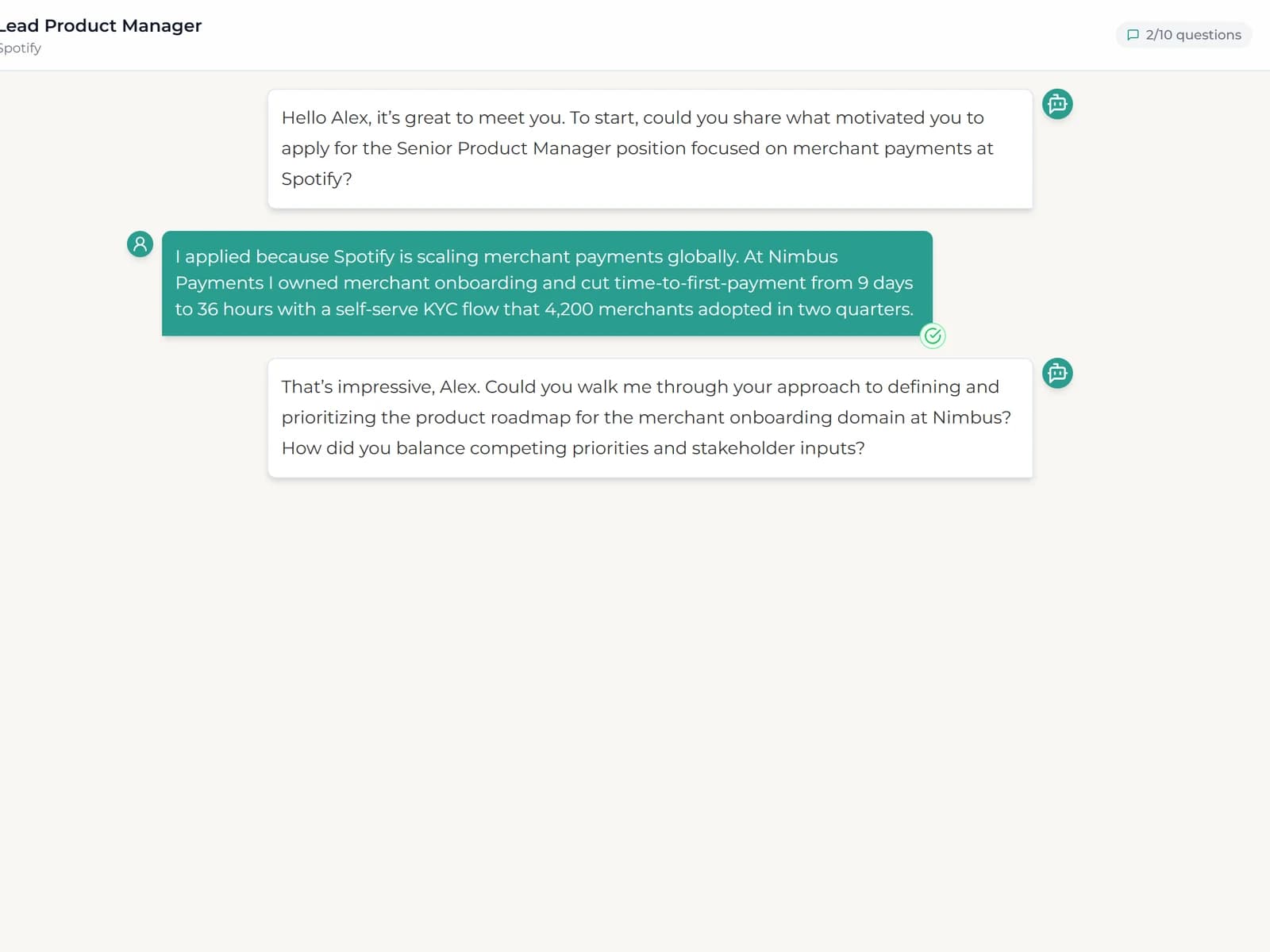 Interview chat where the AI asks a follow-up question about a previous answer