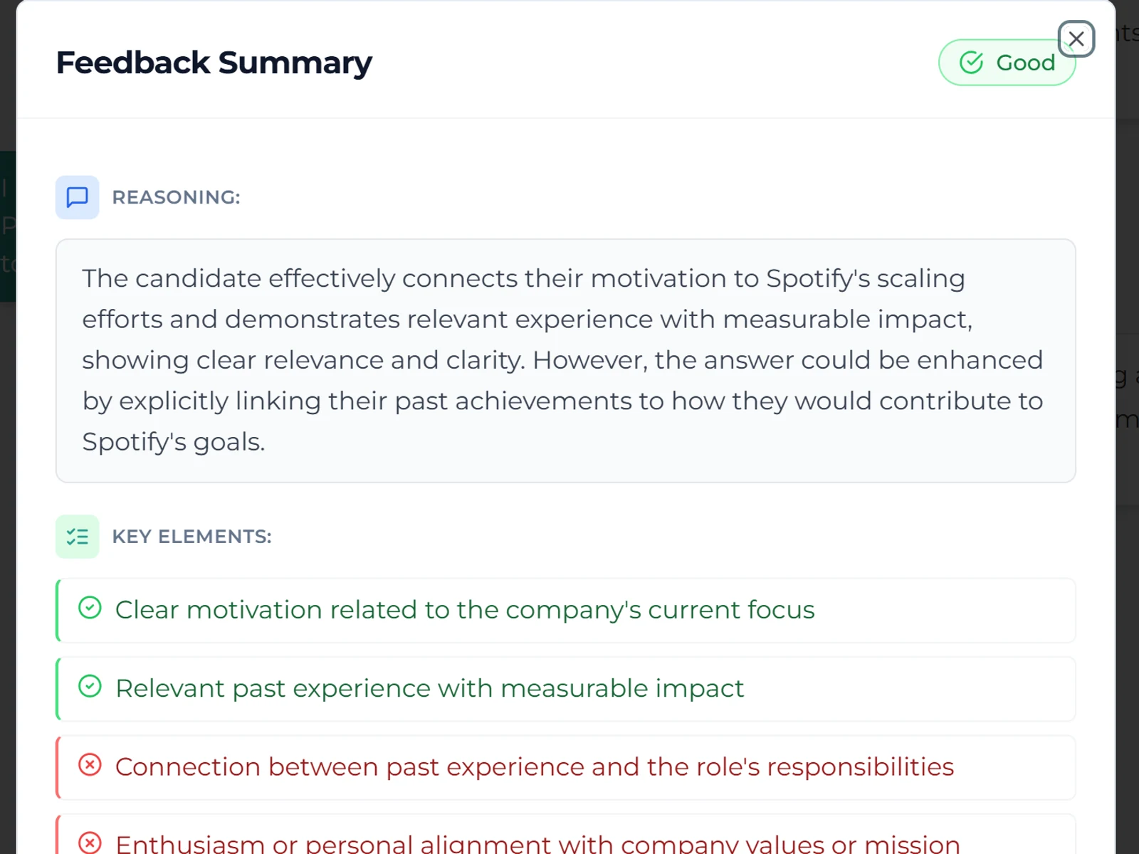Feedback panel showing the rating, reasoning, key elements covered or missed, and a suggestion