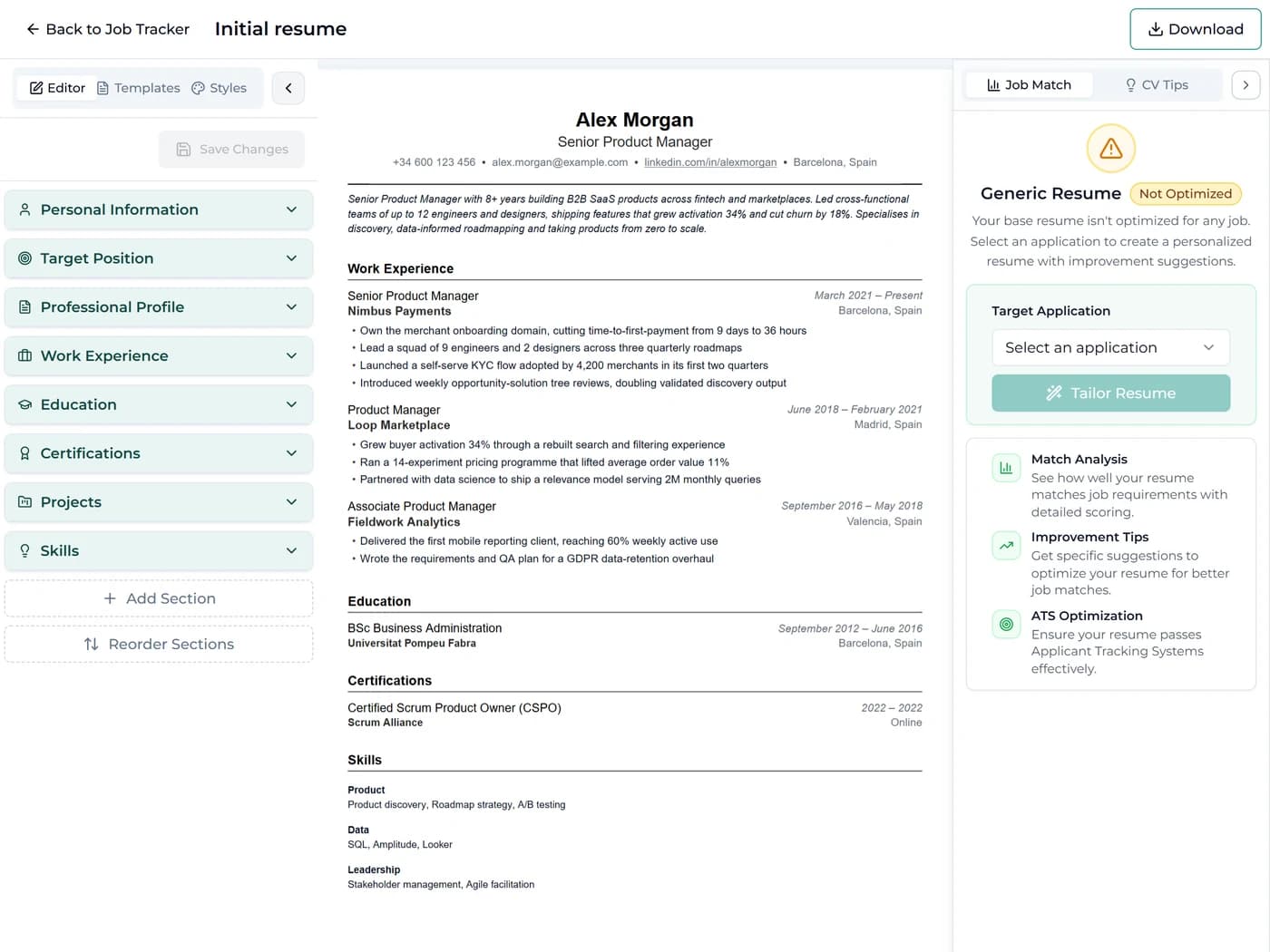 Opciones de exportación de CV en múltiples formatos