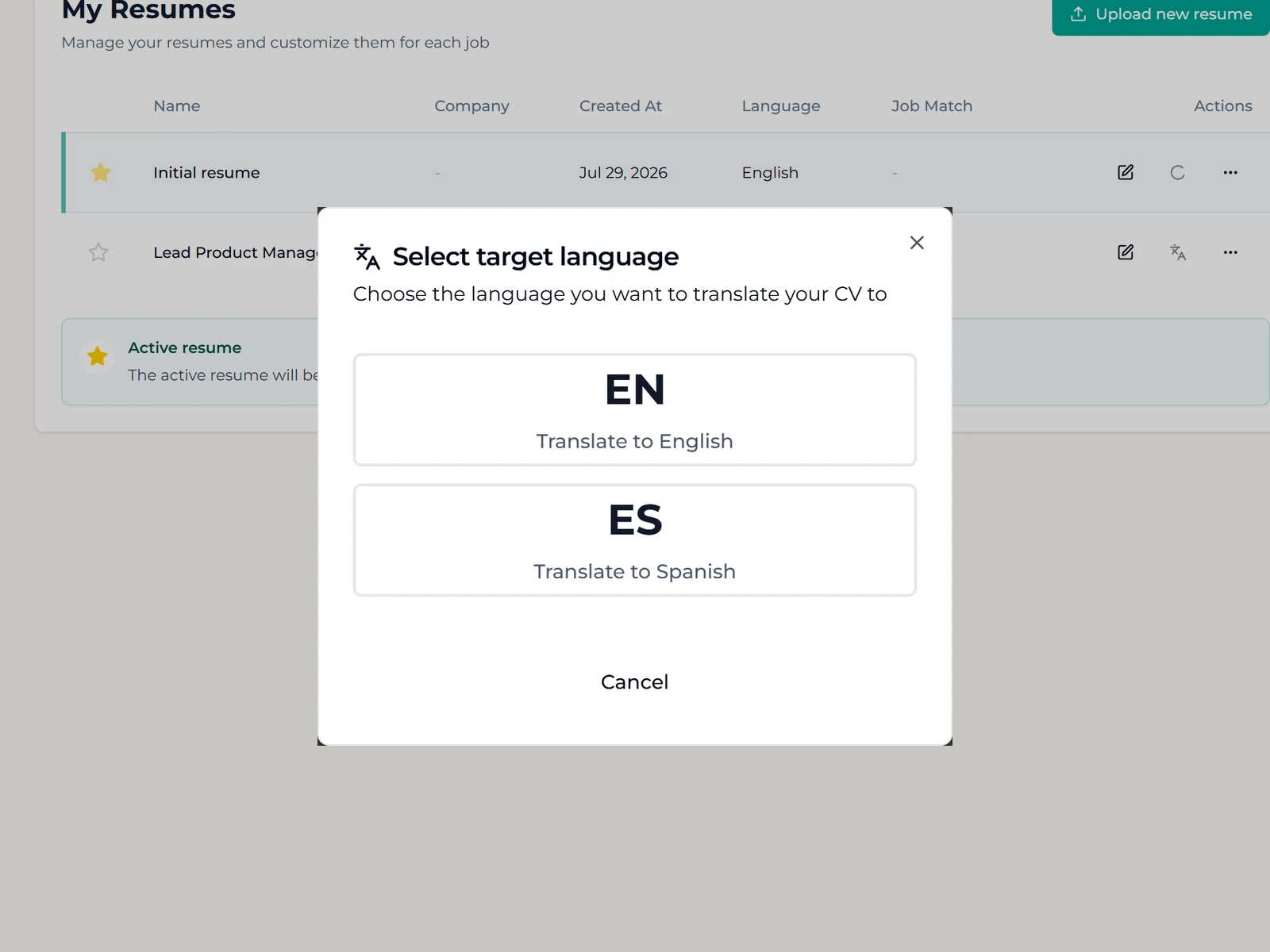 Diálogo de selección de idioma para traducir un currículum entre inglés y español