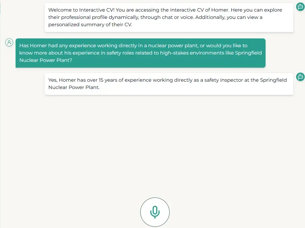 Interactive resume interface with AI functionalities