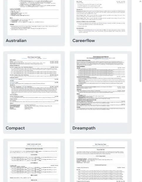 Galería de plantillas de CV de Careerflow mostrando varios formatos, incluyendo Australian, Careerflow, Compact y Dreampath, cada uno con texto de relleno