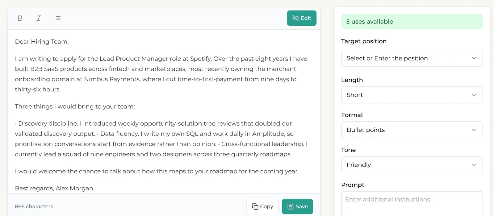 Interactive CV's cover letter editor with a generated letter on the left and generation settings — target position, length, format, tone — on the right