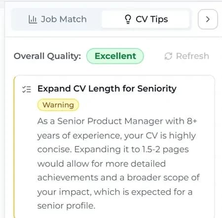 Interactive CV's CV Tips panel showing an overall quality rating of "Excellent" and a first tip suggesting the CV's length be expanded for seniority