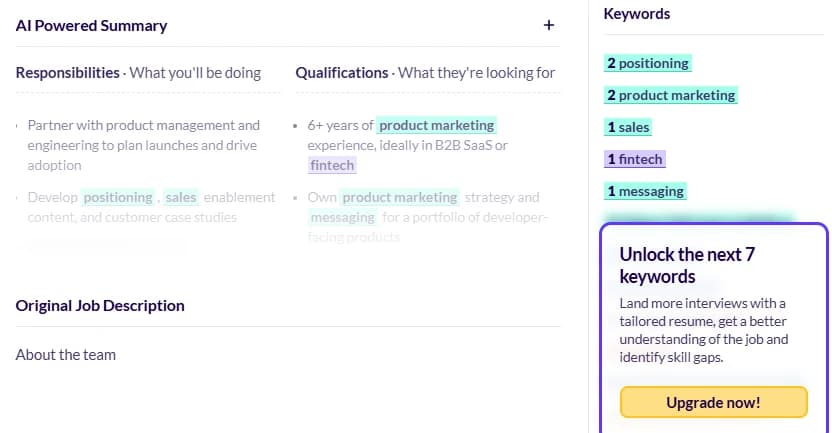 Huntr AI Powered Summary panel showing responsibilities and qualifications extracted from a job posting, with keywords like product marketing and fintech highlighted and an "Unlock the next 7 keywords" upgrade prompt