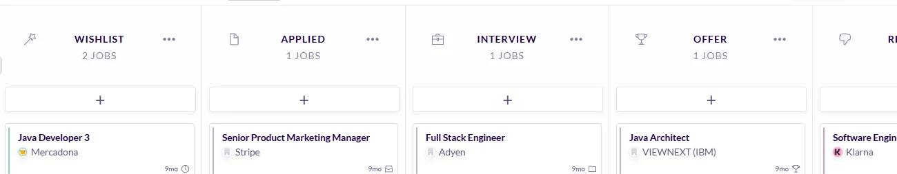 Huntr Kanban job tracker showing its Wishlist, Applied, Interview and Offer columns, with the fifth cut off at the edge, and job cards for companies like Stripe, Adyen and Mercadona