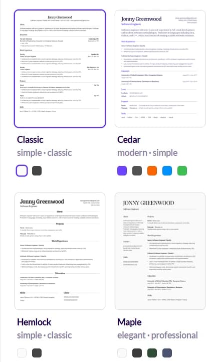 Huntr's resume template gallery showing four designs — Classic, Cedar, Hemlock and Maple — each with a small set of color options