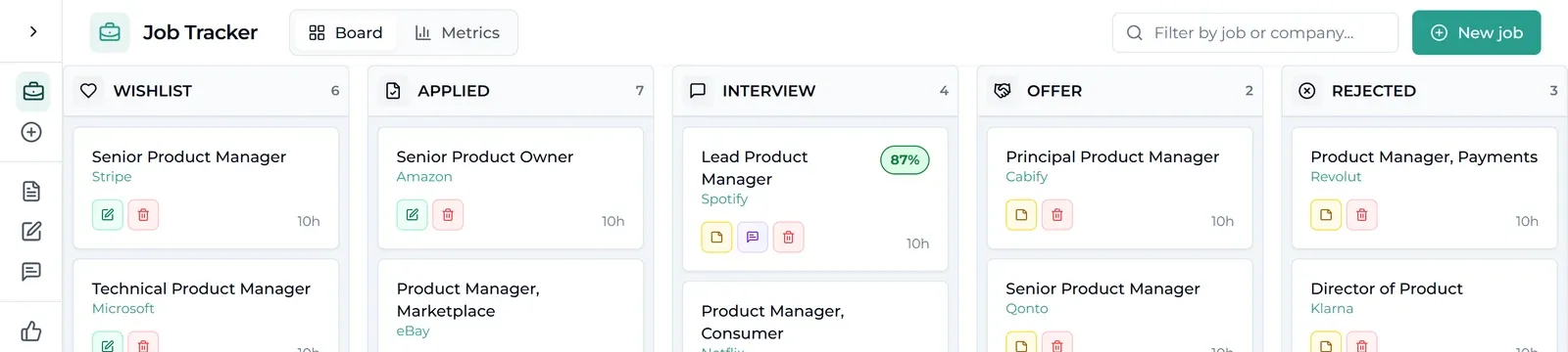 Interactive CV job tracker Kanban board with applications organised across five stages, each card showing a match score