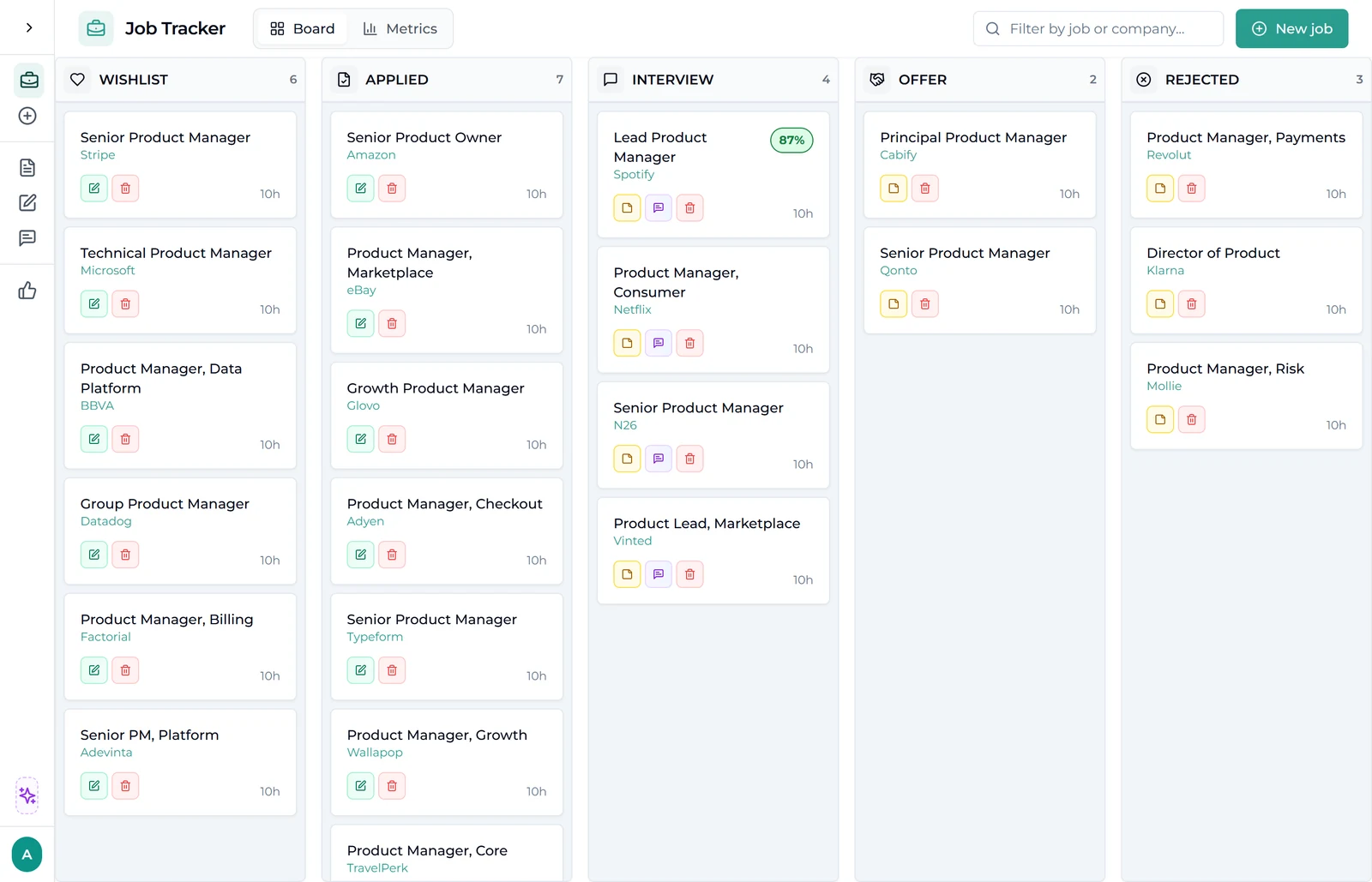 Tablero Kanban de Interactive CV con las candidaturas organizadas por fase, cada una con su porcentaje de compatibilidad
