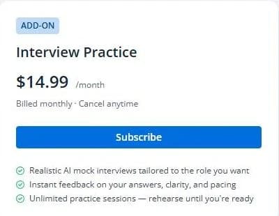 Tarjeta del complemento Interview Practice de Jobscan con un precio de 14,99 $ al mes, facturación mensual, cancelable en cualquier momento