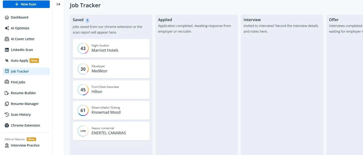 Tablero kanban del Job Tracker de Jobscan con sus columnas Saved, Applied, Interview y Offer y cinco candidaturas guardadas, cada una con su puntuación de compatibilidad y el nombre de la empresa