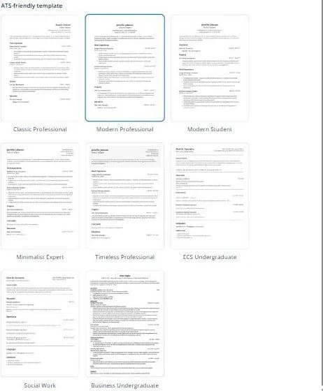 Selector de plantillas del creador de CV de Jobscan mostrando ocho plantillas con nombre —Classic Professional, Modern Professional, Modern Student, Minimalist Expert, Timeless Professional, ECS Undergraduate, Social Work y Business Undergraduate