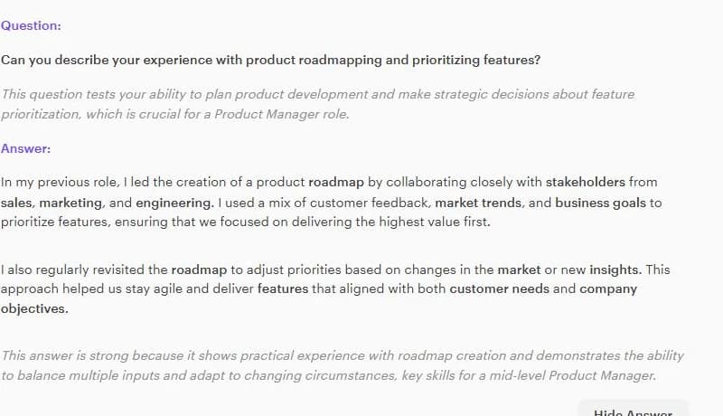 Pregunta de entrevista de Kickresume con una respuesta modelo revelada debajo, para un puesto de Product Manager