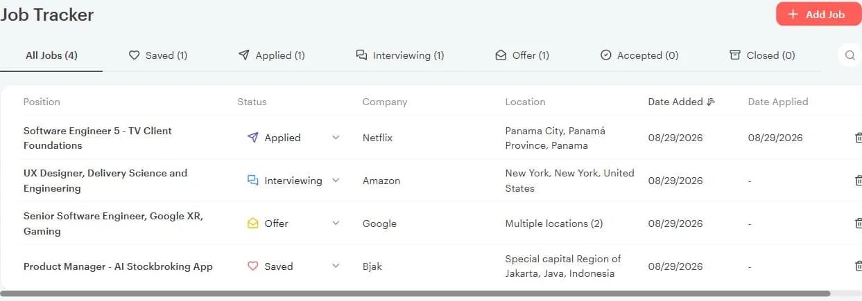 Seguimiento de candidaturas en tabla de Kickresume mostrando cuatro candidaturas en los estados Enviada, Entrevista, Oferta y Guardada
