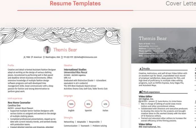 Dos plantillas de CV de Kickresume mostradas lado a lado en su página pública de plantillas