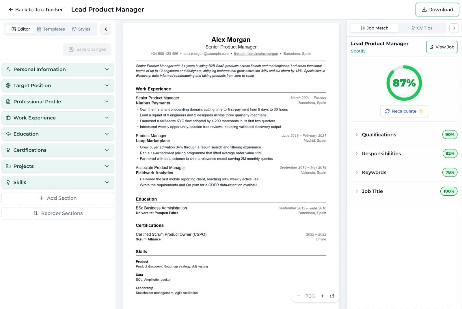 Interactive CV resume editor with the live job match panel beside it, showing suggested qualifications ready to add to the CV