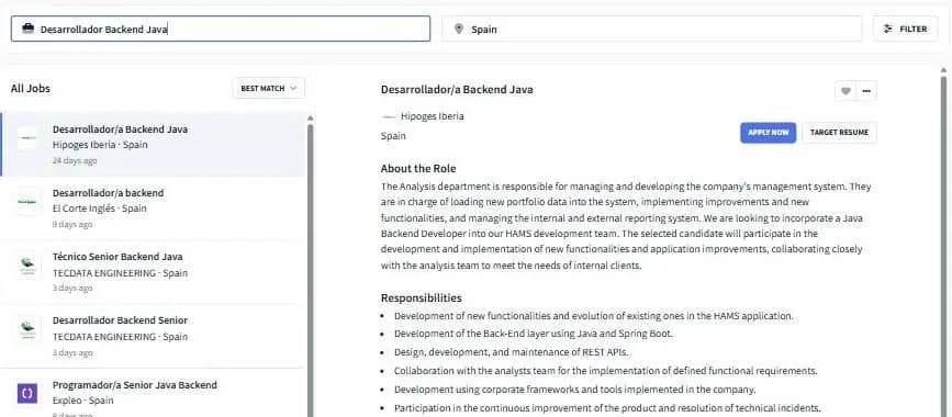 Rezi's aggregated job search showing a list of live Backend Java Developer postings in Spain with company names, alongside a job detail panel with an Apply Now and Target Resume button