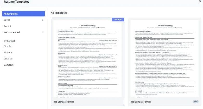 Rezi's Resume Templates modal showing the Standard Format (current, free) and Compact Format (marked PRO) templates side by side