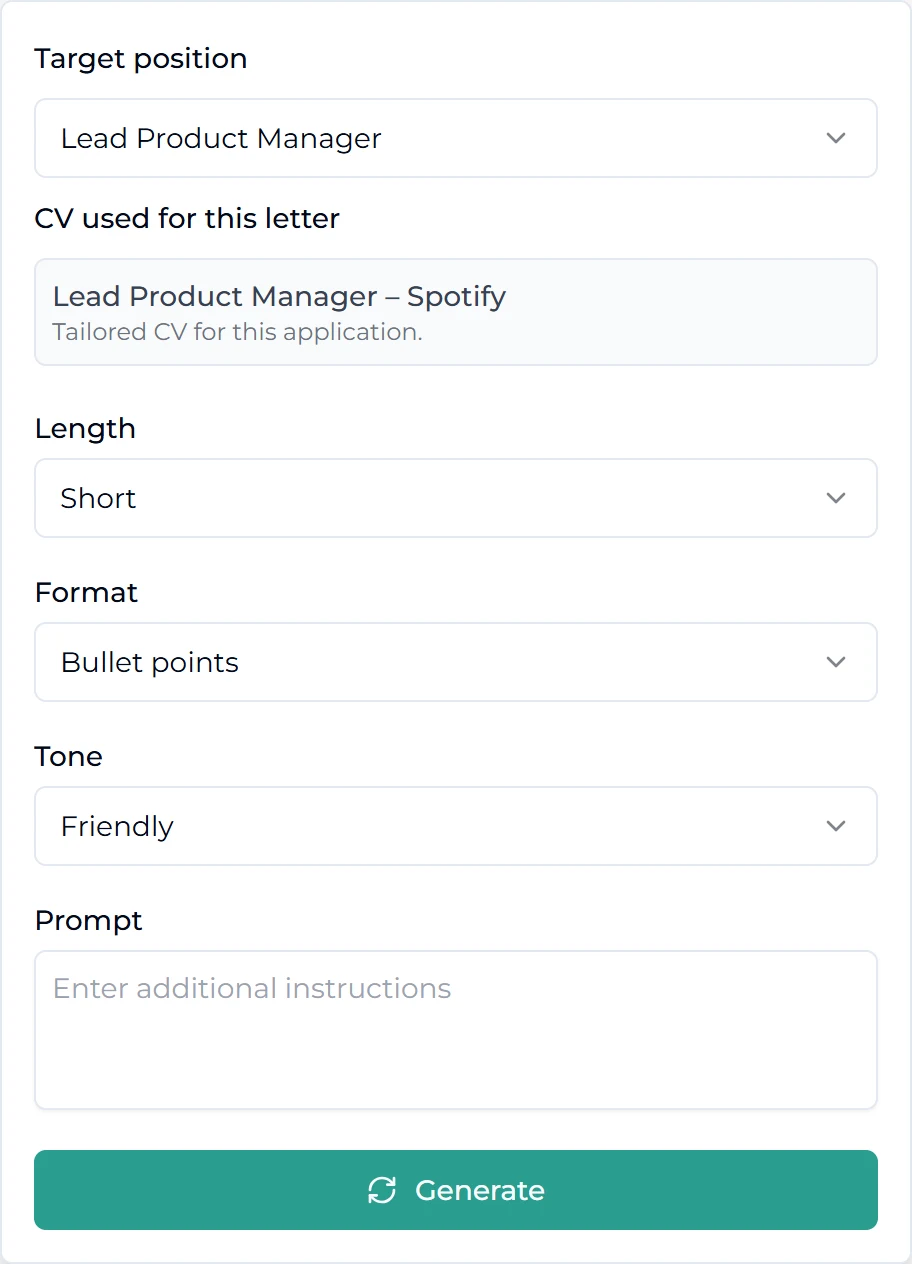 Interactive CV's cover letter settings: target position, the tailored CV used for the letter, length, format, tone, an optional prompt and a Generate button