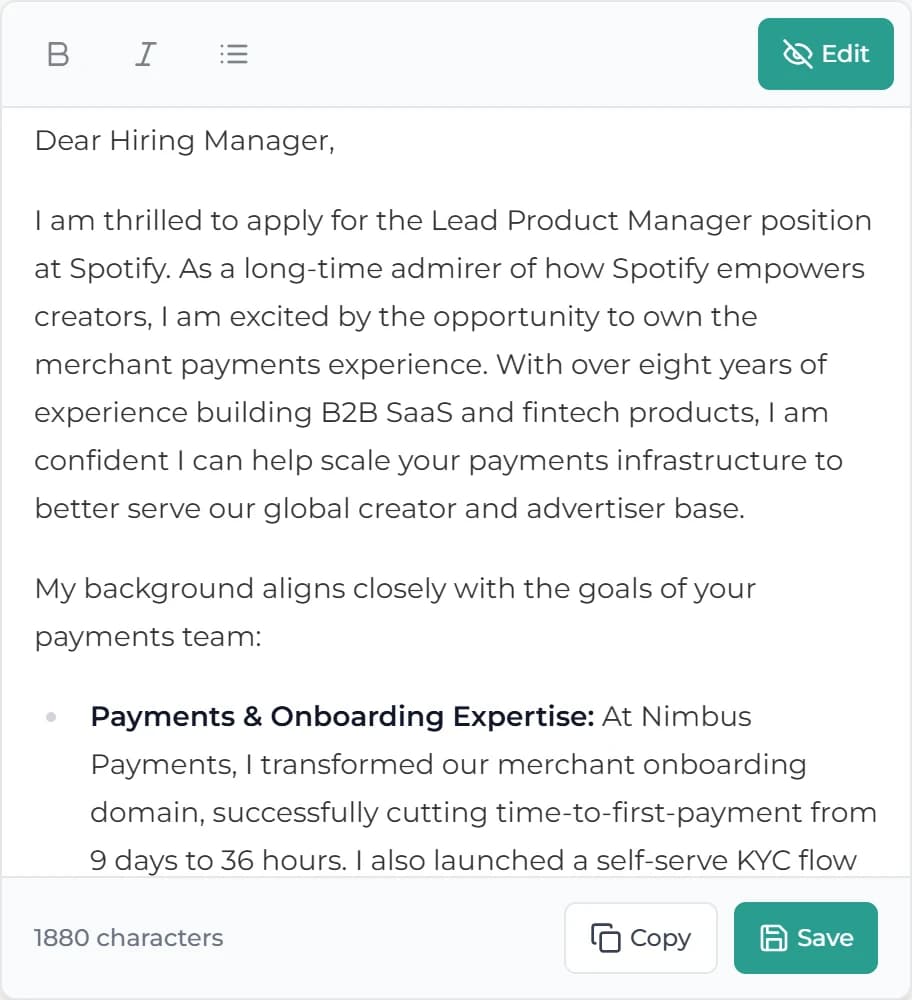 Interactive CV's cover letter editor showing a letter generated for a Lead Product Manager role at Spotify, with Copy and Save buttons and a 1,880-character count