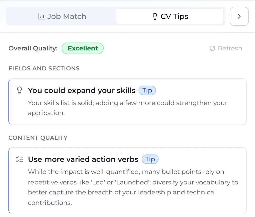 Panel de Consejos del CV de Interactive CV con una calidad general "Excellent" y dos consejos completos: ampliar la lista de habilidades y variar más los verbos de acción