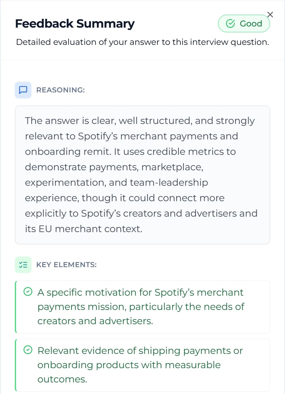 Interactive CV's feedback summary for one interview answer, rated "Good", with the reasoning behind the rating and the first key elements the answer covered
