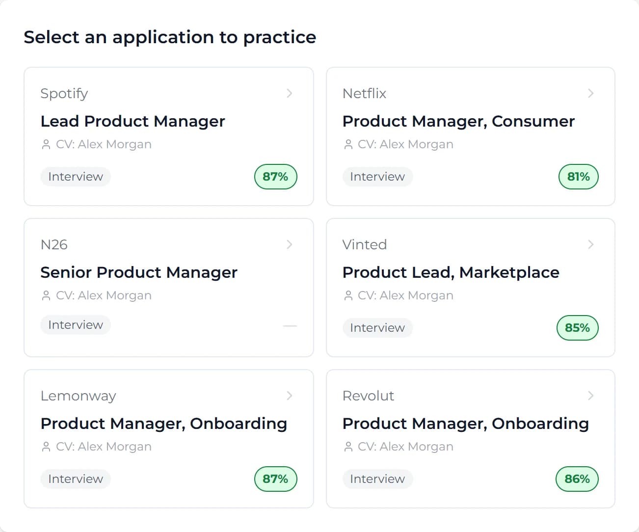 Selector de práctica de entrevistas de Interactive CV con seis candidaturas —Spotify, Netflix, N26, Vinted, Lemonway y Revolut—, cada una con el CV que usa y, en cinco de ellas, su puntuación de compatibilidad