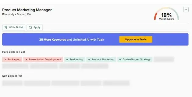 Teal's Job Matcher panel showing an 18% match score with most hard-skill keywords blurred out behind an "Upgrade to Teal+" banner
