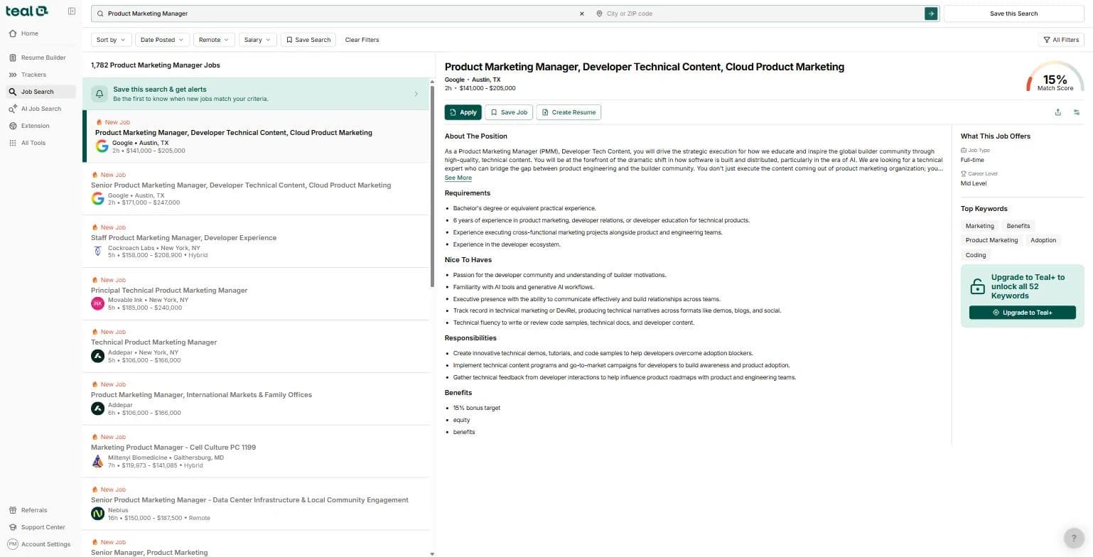 Teal's aggregated job search showing 1,782 results for "Product Marketing Manager" with a 15% match score on the selected posting