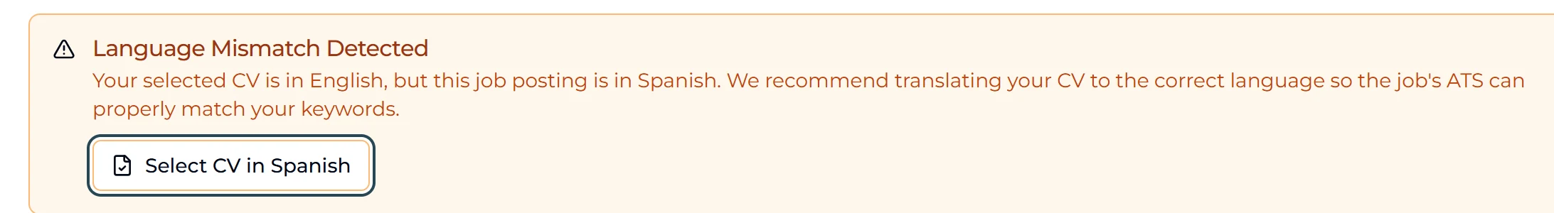 Aviso "Language Mismatch Detected" de Interactive CV, que señala un CV en inglés frente a una oferta en español, con un botón para seleccionar la versión en español del CV