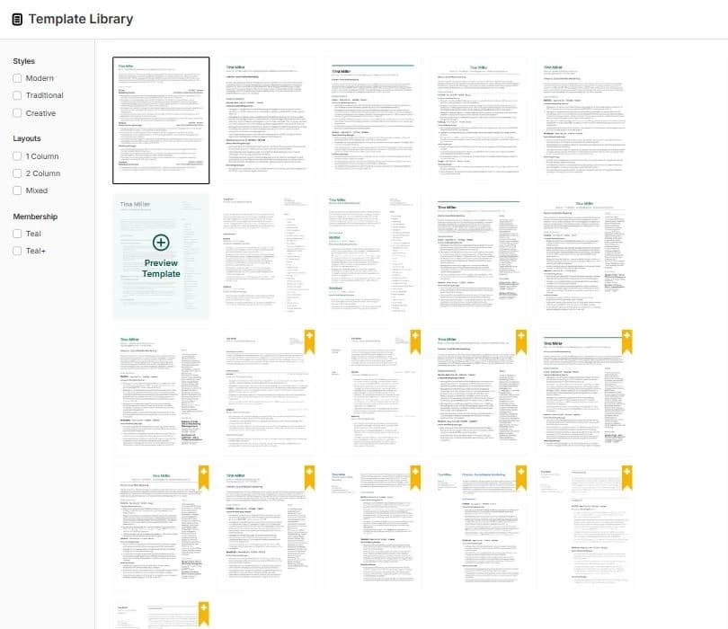 Teal's resume template library showing a grid of templates, several marked with a gold ribbon reserved for the Teal+ plan