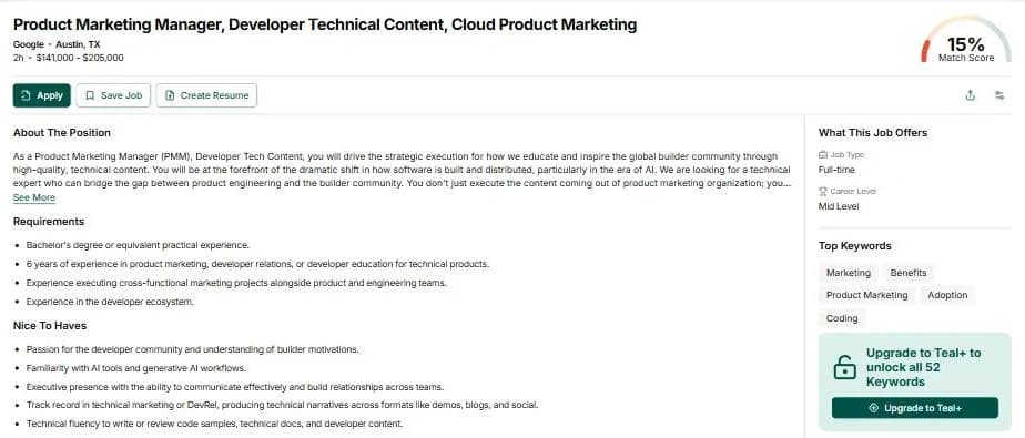 A posting in Teal's job search — Product Marketing Manager at Google — scored at 15% against a connected resume, with its requirements and a Top Keywords panel offering all 52 keywords on Teal+