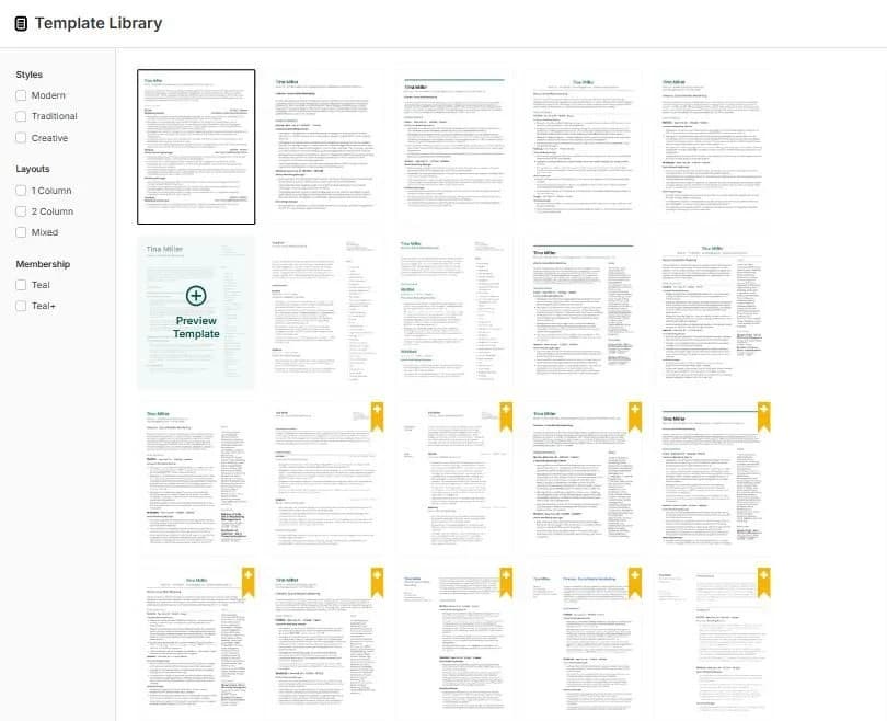 Teal's resume template library showing a grid of templates, several marked with a gold ribbon reserved for the Teal+ plan