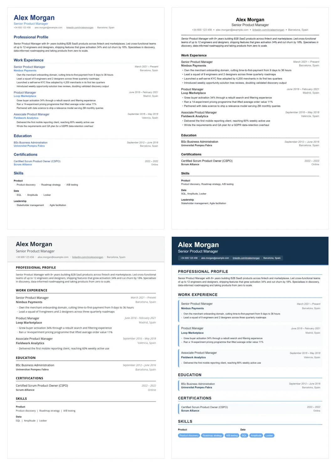 Four of Interactive CV's six templates shown together — Essential, Harvard, European and Corporate — each rendered with a real resume