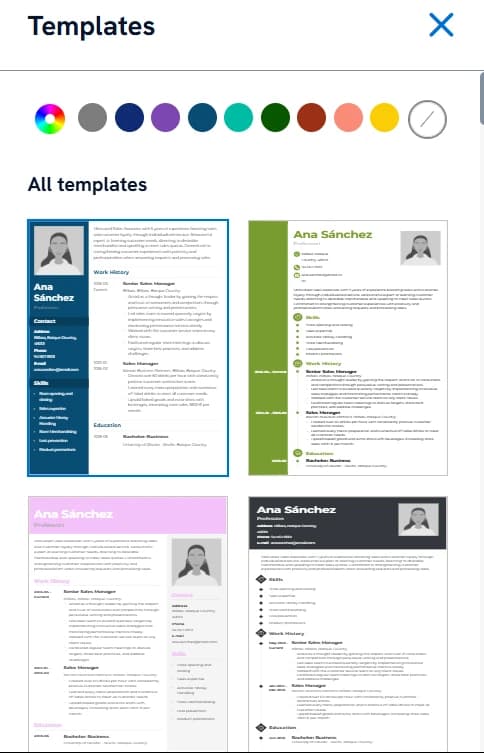 Panel Templates del editor de Zety con una fila de muestras de color sobre una rejilla de miniaturas de plantillas de CV, la primera seleccionada