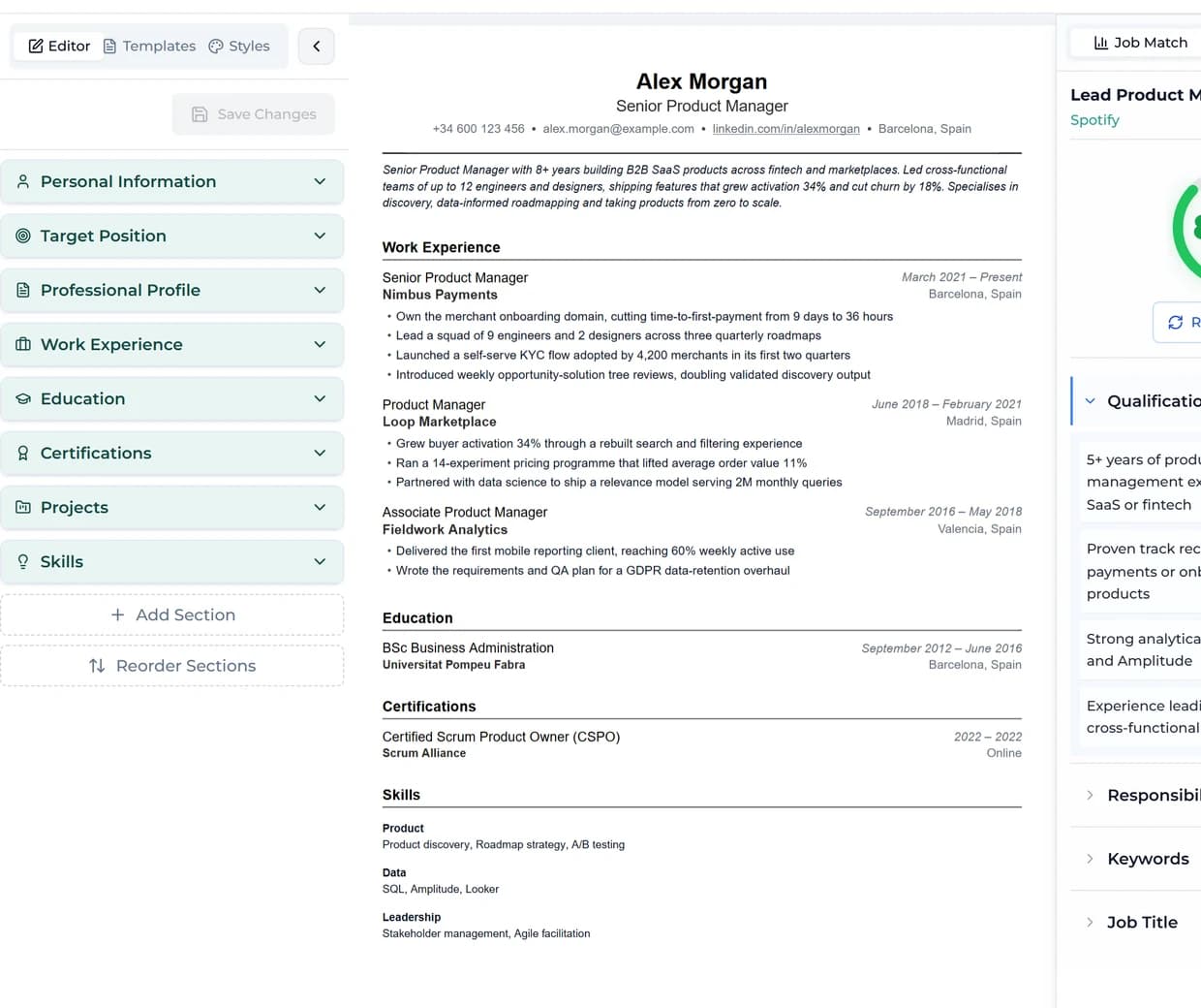 Add keywords, skills, and improvements directly in the editor with one click.