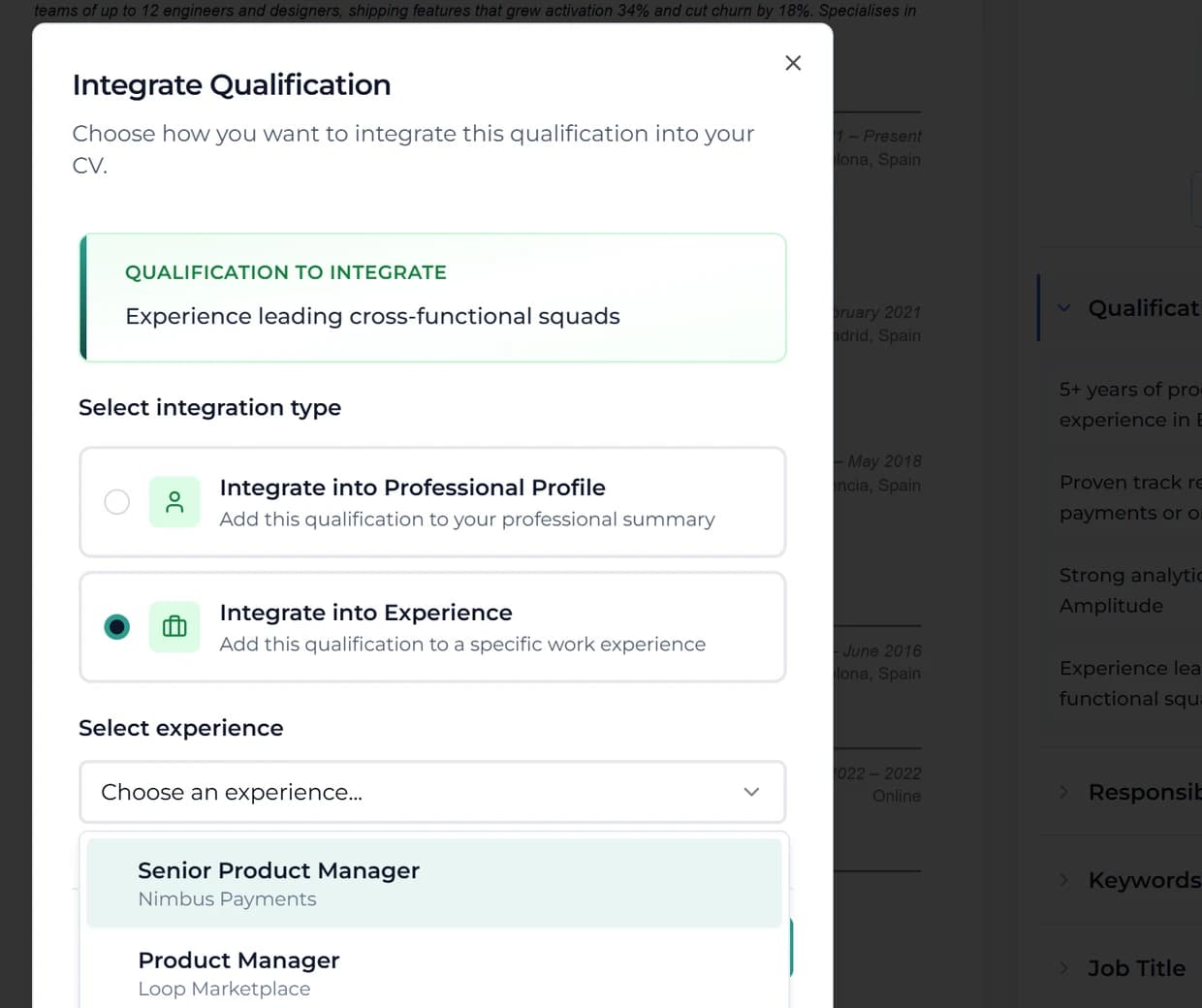 See your job match percentage increase automatically as you apply each suggestion.
