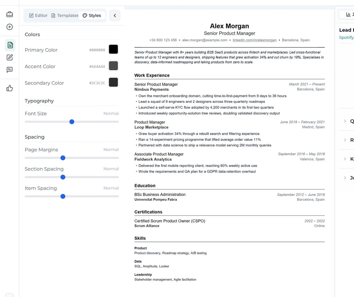 Adjust colors, font size and spacing until the resume looks exactly the way you want.