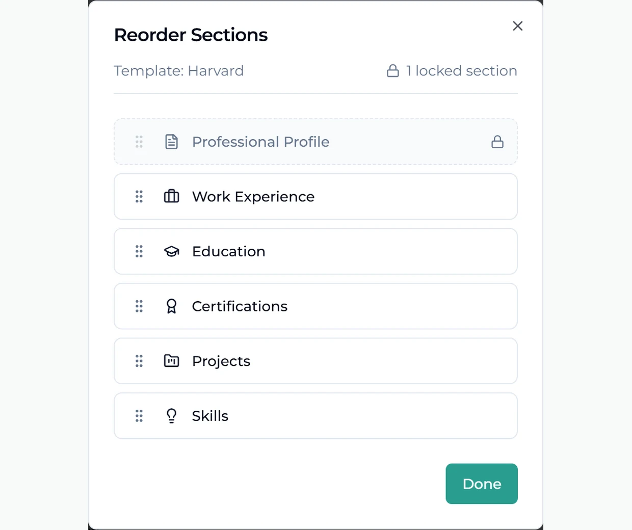 Drag sections into the order you want and add custom ones like projects or publications.