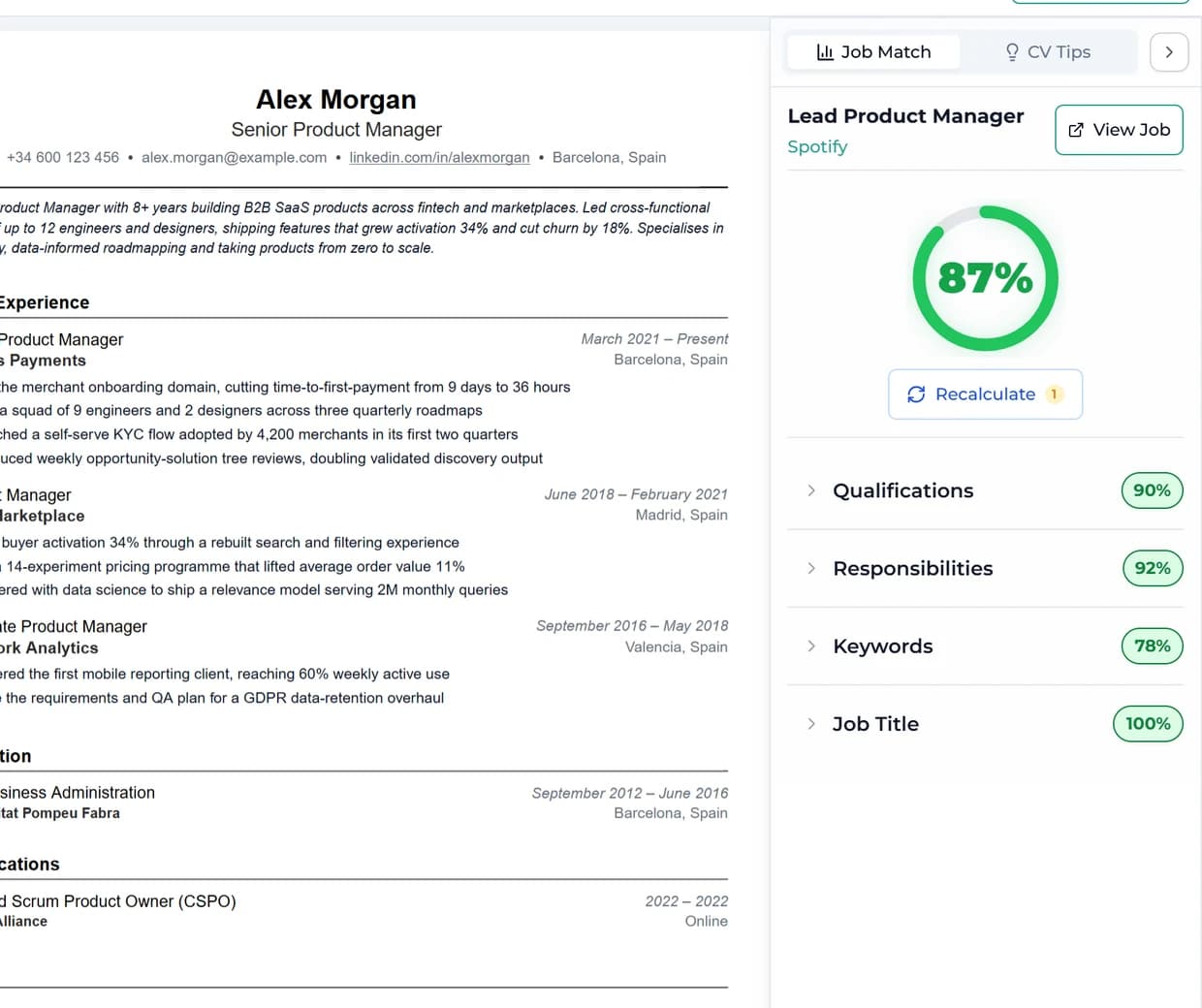 Get a detailed breakdown with a 0-100 score showing exactly where your resume stands.