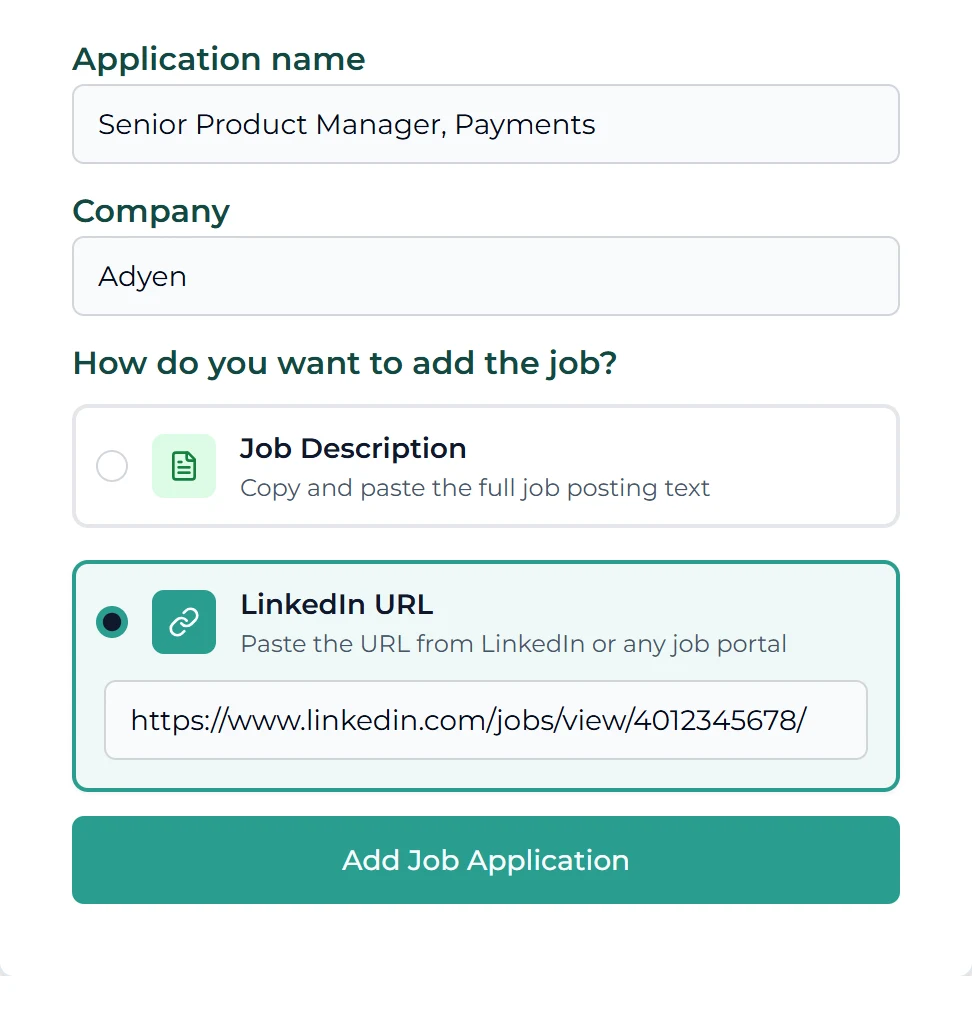 Formulario para añadir una candidatura con la opción de URL de LinkedIn seleccionada