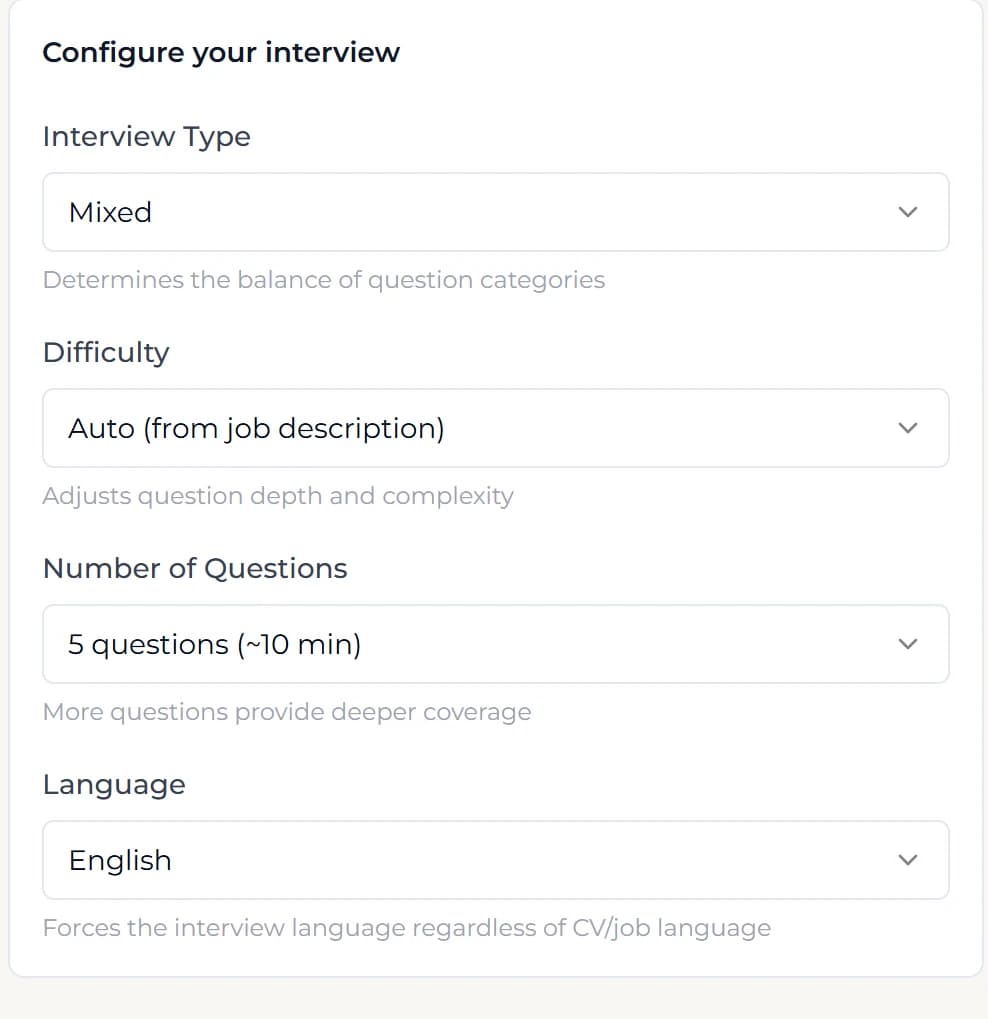 Configuración de la entrevista con tipo, dificultad, número de preguntas e idioma