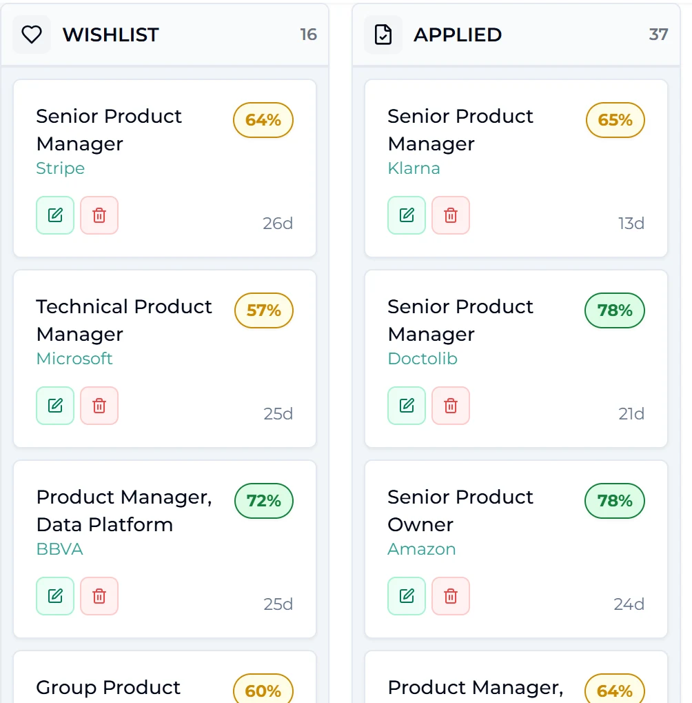 Kanban board with Wishlist, Applied and Interview columns of job applications