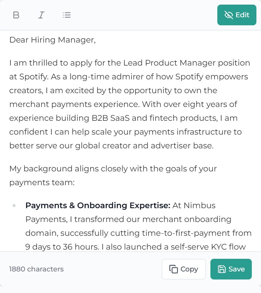 Instant cover letter generation