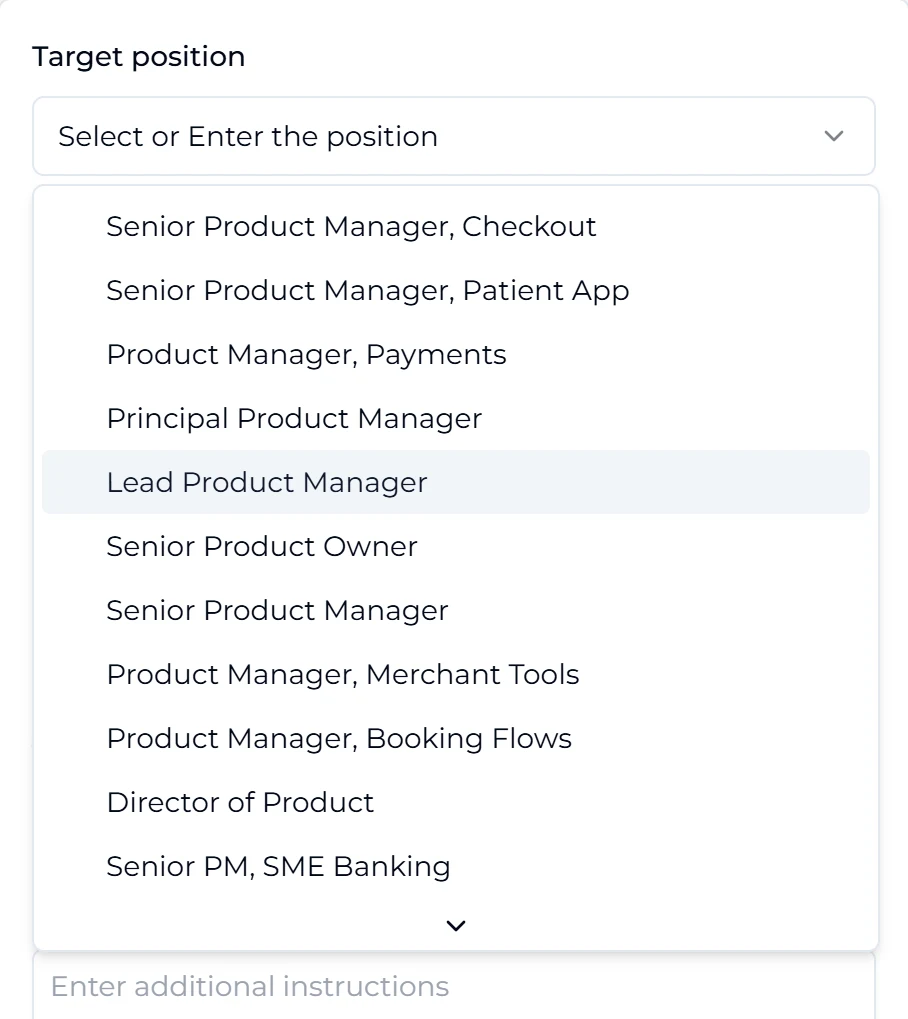 Target position selector listing the positions of your tracked job applications