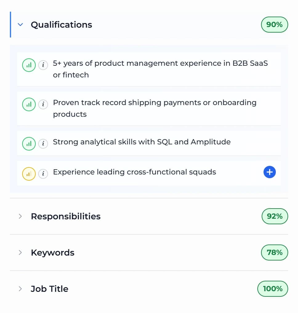Qualifications list with coverage indicators and a button to add the missing one to the resume