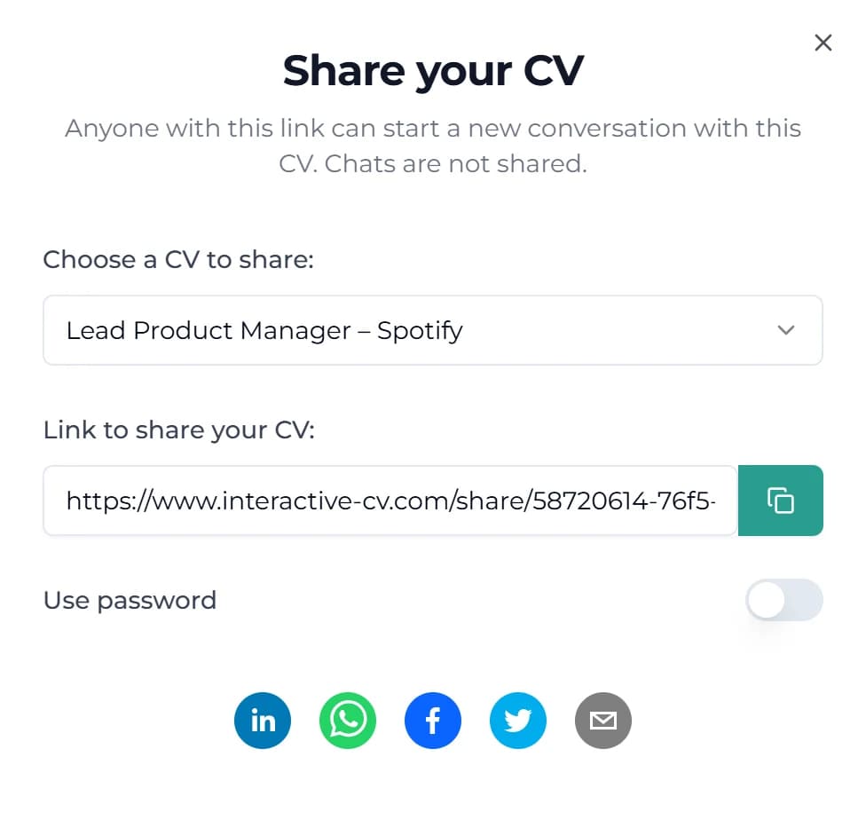 Share dialog with the resume to share, its unique link, a password option and social buttons